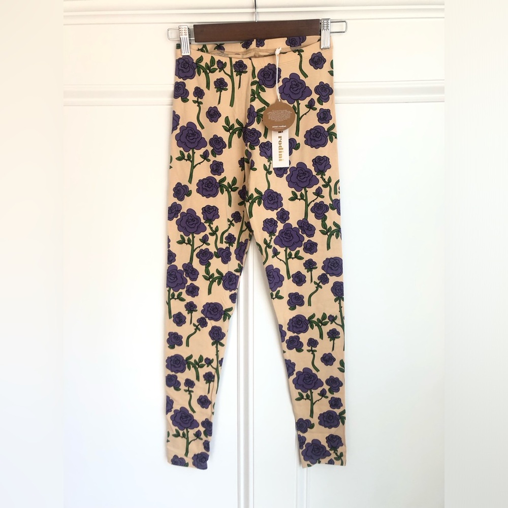 Mini Rodini Cream and Purple Floral Roses Leggings 140/146